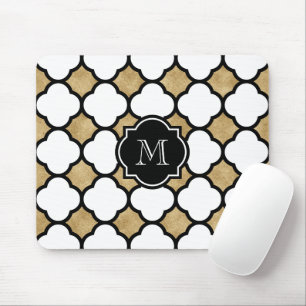 Geometric Gold Black White Quatrefoil Monogram Mouse Pad