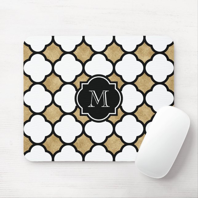 Geometric Gold Black White Quatrefoil Monogram Mouse Pad (With Mouse)