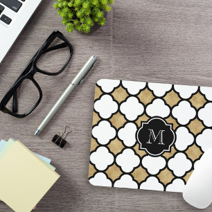 Geometric Gold Black White Quatrefoil Monogram Mouse Pad