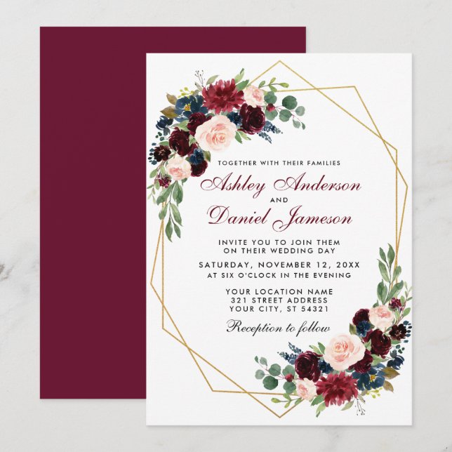 Geometric Gold Blue Burgundy Floral Wedding BR Invitation (Front/Back)