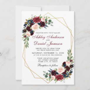 Geometric Gold Blue Burgundy Floral Wedding Invitation