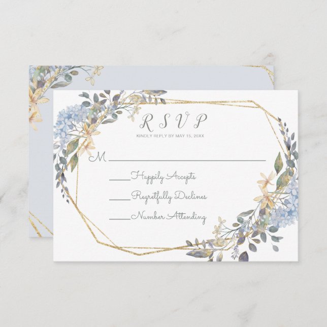 Geometric Gold Blue Florals Food Allergies RSVP Invitation (Front/Back)