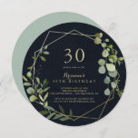 Geometric Gold Blue Green 30th Birthday Party Invitation<br><div class="desc">This geometric gold blue green 30th birthday party invitation is perfect for a modern birthday party. The design features hand-painted beautiful green leaves in a dark blue background,  adorning a gold geometric frame.</div>