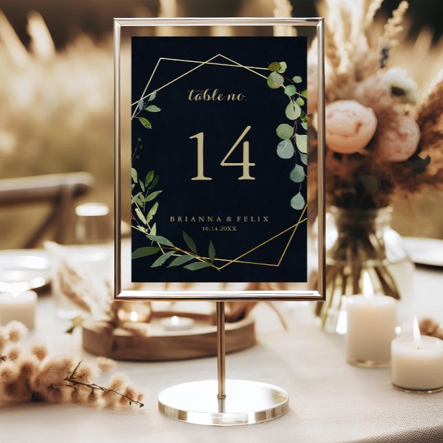 Geometric Gold Blue Green Calligraphy Wedding  Table Number (Creator Uploaded)