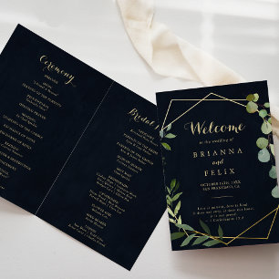 Geometric Gold Blue Green Folded Wedding  Program