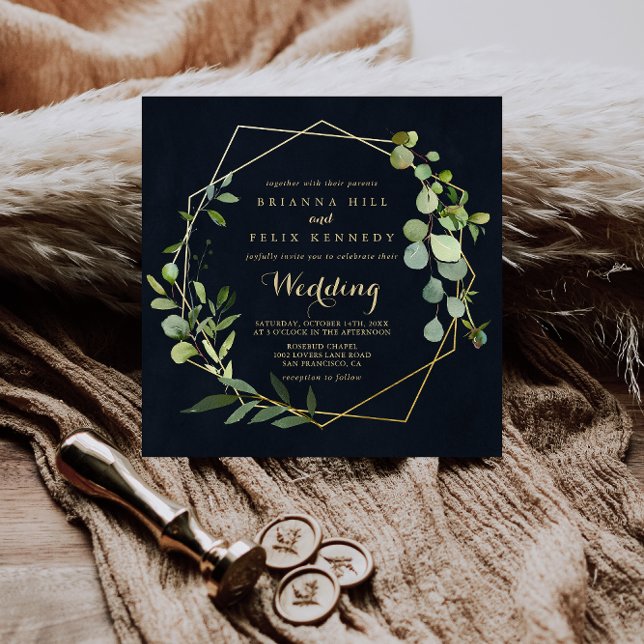 Geometric Gold Blue Green Front & Back Wedding Invitation (Creator Uploaded)