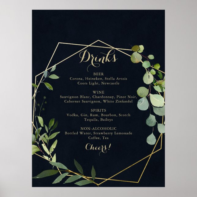 Geometric Gold Blue Green Wedding Drinks Menu Sign (Front)