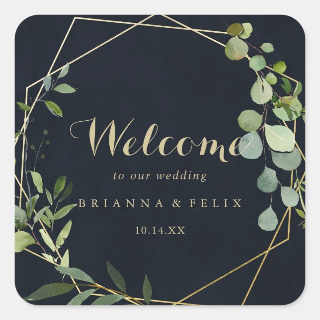 Geometric Gold Blue Green Wedding Welcome  Square Sticker (Front)