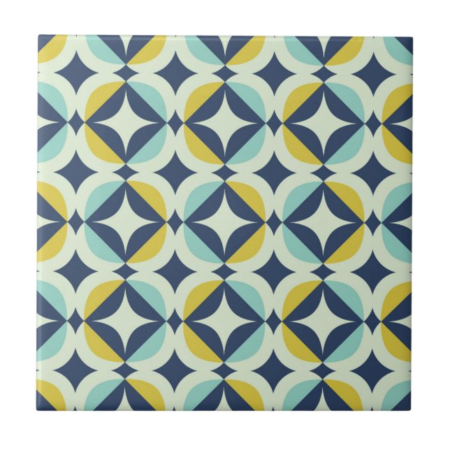 Geometric Gold & Blue Pattern Ceramic Tile (Front)