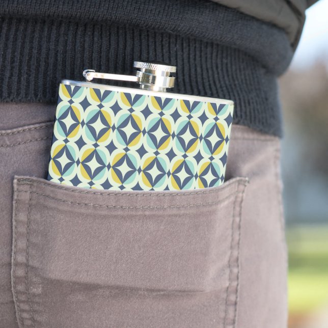 Geometric Gold & Blue Pattern Hip Flask (In Situ)