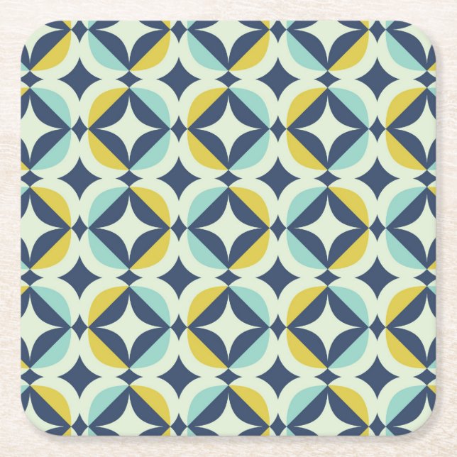 Geometric Gold & Blue Pattern Square Paper Coaster (Front)