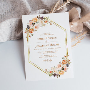 geometric gold blush fall floral earthtone wedding invitation