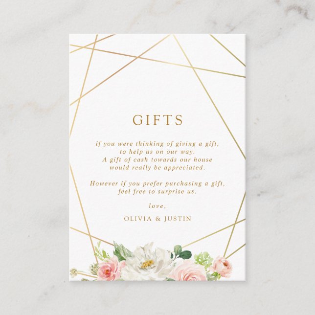 geometric gold & blush floral wedding gifts card (Front)
