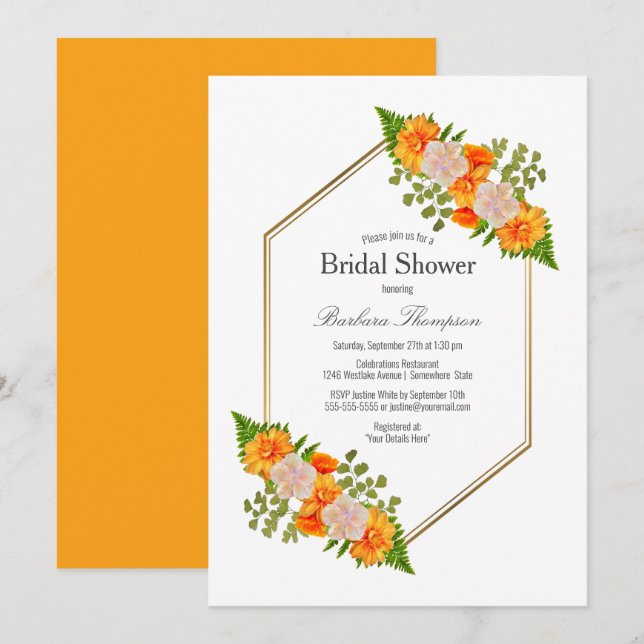 Geometric Gold Blush Orange Floral Bridal Shower Invitation (Front/Back)
