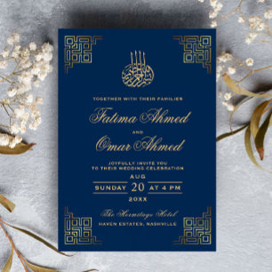 Geometric Gold Border Navy Islamic Muslim Wedding Invitation