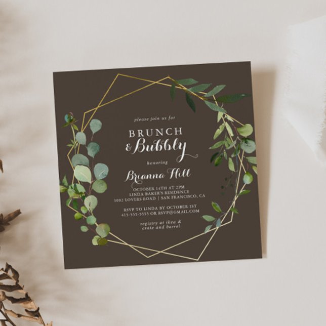 Geometric Gold Brown Brunch Bubbly Bridal Shower Invitation (Creator Uploaded)