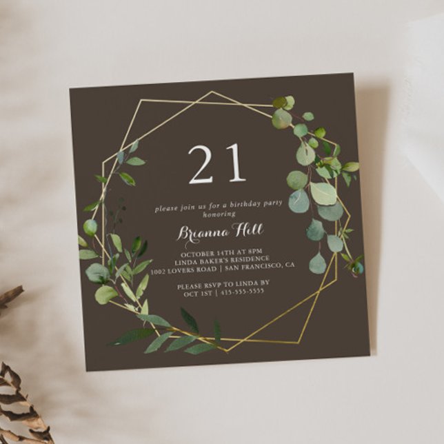 Geometric Gold Brown Green  21st Birthday Party Invitation (Creator Uploaded)