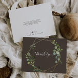 Geometric Gold Brown Green Eucalyptus Flat Wedding Thank You Card<br><div class="desc">This geometric gold brown green eucalyptus flat wedding thank you card is perfect for a rustic wedding. The design features hand-painted beautiful green leaves in a brown background, adorning a gold geometric frame. Personalise the inside of the card with your names, and a thank you message. Or, leave the thank...</div>