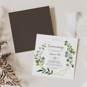 Geometric Gold Brown Green Eucalyptus Quinceañera Invitation
