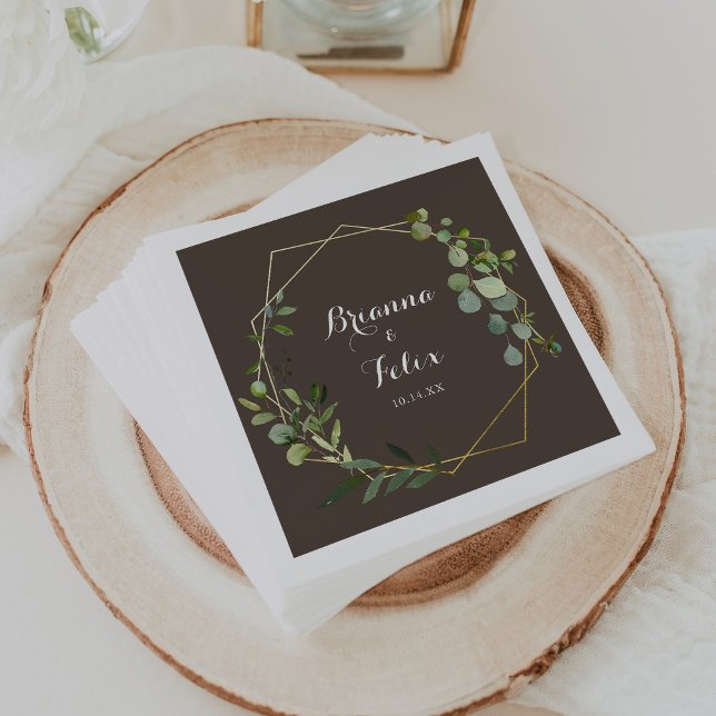 Geometric Gold Brown Green Eucalyptus Wedding  Napkin (Creator Uploaded)