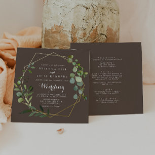 Geometric Gold Brown Green Front & Back Wedding Invitation