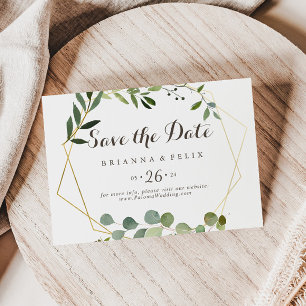 Geometric Gold Brown Green Horizontal Wedding  Save The Date