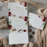 Geometric Gold Burgundy Spring Floral Wedding Tri-Fold Invitation<br><div class="desc">This geometric gold burgundy spring floral wedding of invitation is perfect for an elegant wedding. The hand-painted design features green leaves, dazzling pink, blush, purple, red, white and burgundy dazzling roses, peonies neatly arranged in small cute bouquets, adorning a gold geometric frame. Save paper by including more details within the...</div>