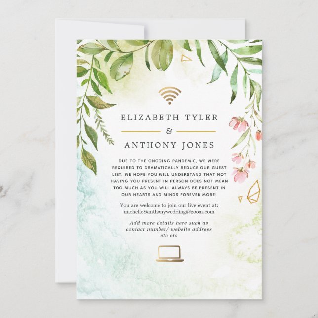 Geometric Gold Crystal Greenery Virtual Wedding Announcement (Front)