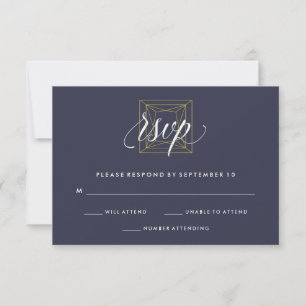 Geometric Gold Diamond Wedding RSVP on Blue Card