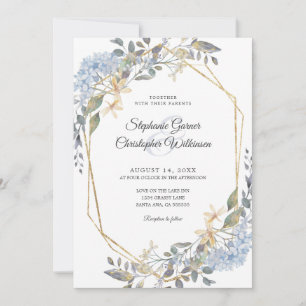 Geometric Gold Dusty Blue Floral Wedding Invitation