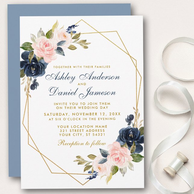 Geometric Gold Dusty Blue Pink Floral Wedding Invitation (Customize to change text color, text style or color of back of card.)