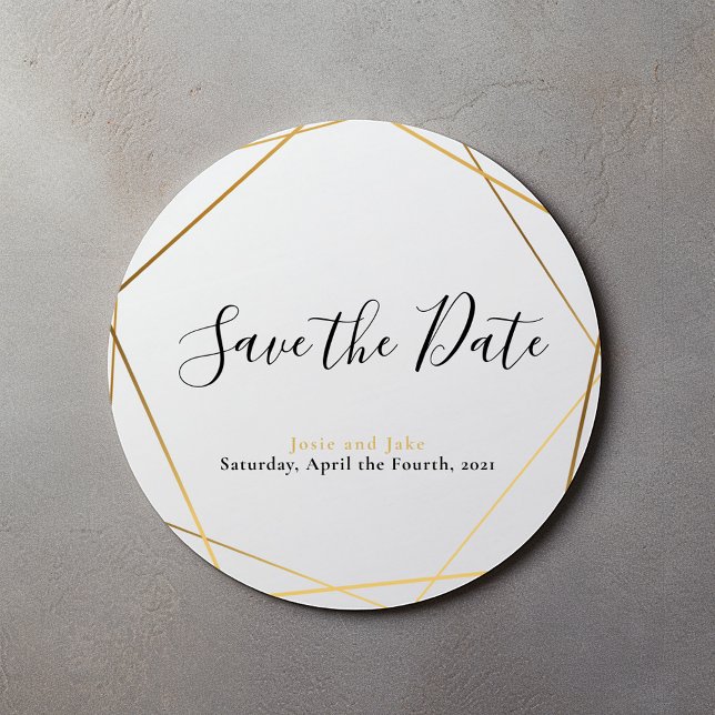 Geometric gold effect save the date classic round sticker (Creator Uploaded)