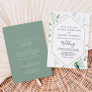 Geometric Gold Eucalyptus Front & Back Wedding  Invitation