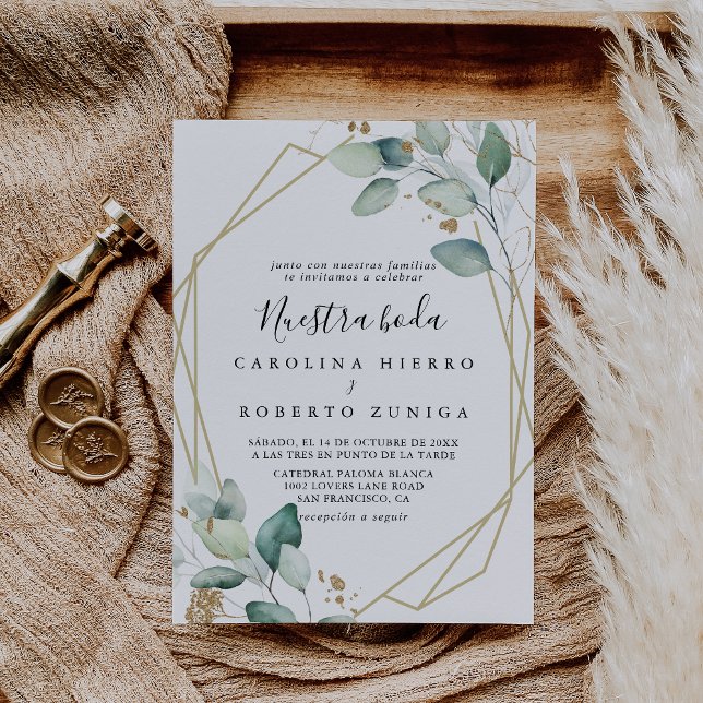 Geometric Gold Eucalyptus Nuestra Boda Wedding Invitation (Creator Uploaded)