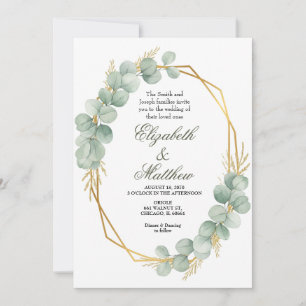 Geometric Gold Eucalyptus Wreath Wedding Invitation