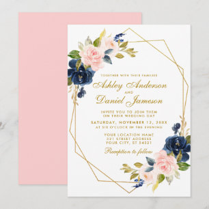 Geometric Gold Floral Blue Pink Blush Wedding Invitation