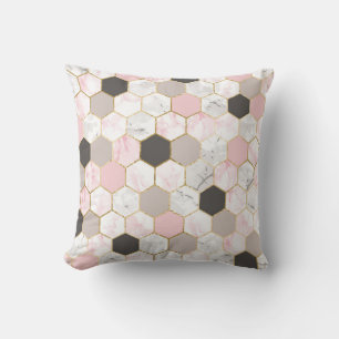 Geometric gold foil, marble hexagon pattern. cushion