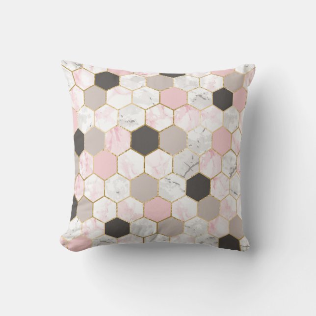 Geometric gold foil, marble hexagon pattern. cushion (Front)