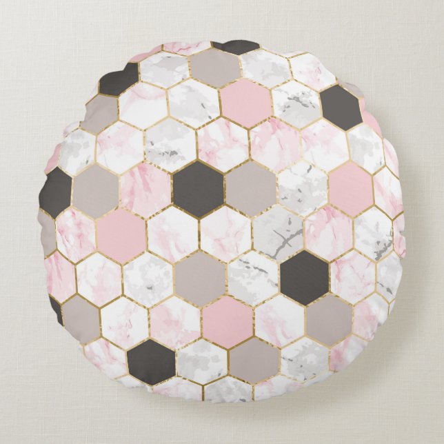Geometric gold foil, marble hexagon pattern. round cushion (Front)