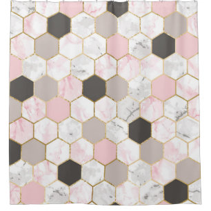 Geometric gold foil, marble hexagon pattern. shower curtain