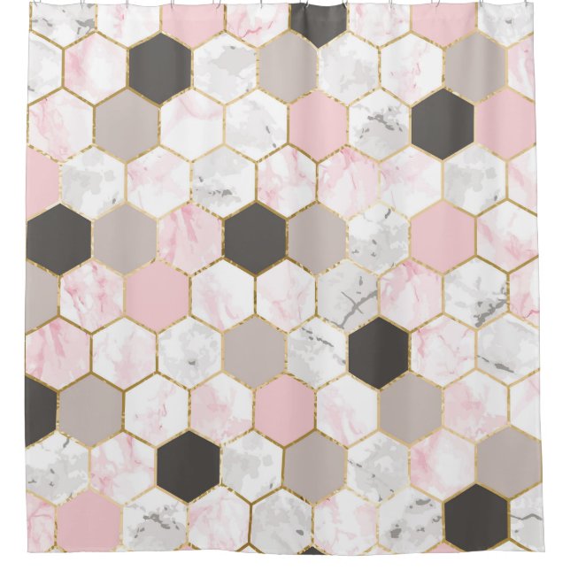 Geometric gold foil, marble hexagon pattern. shower curtain (Front)