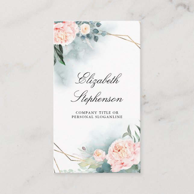 Geometric Gold Frame and Pink Peonies Greenery Business Card (Front)