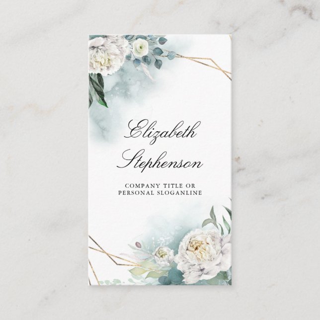 Geometric Gold Frame and White Peonies Greenery Business Card (Front)