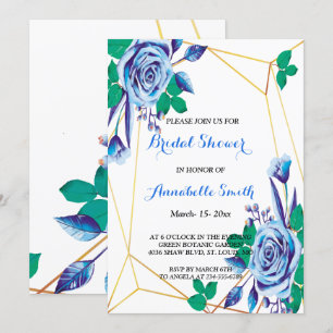 Geometric Gold Frame blue floral BRIDAL SHOWER Invitation