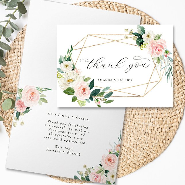 Geometric Gold Frame Blush Pink Floral Thank You Card (Front & Inside)