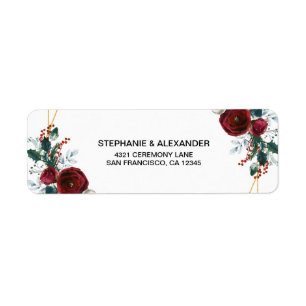 Geometric Gold Frame Burgundy Winter Flowers Return Address Label
