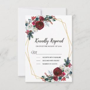 Geometric Gold Frame Burgundy Winter Flowers RSVP Card