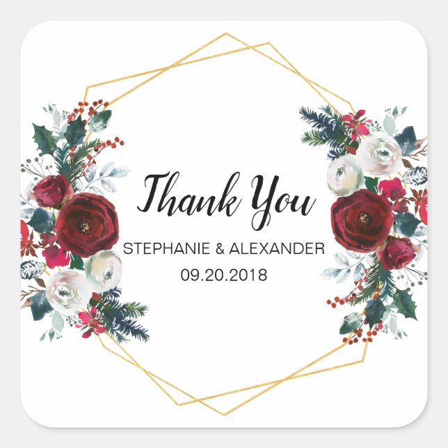 Geometric Gold Frame Burgundy Winter Flowers Square Sticker (Front)