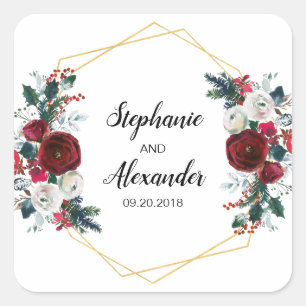 Geometric Gold Frame Burgundy Winter Flowers Square Sticker