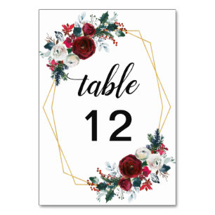 Geometric Gold Frame Burgundy Winter Flowers Table Number